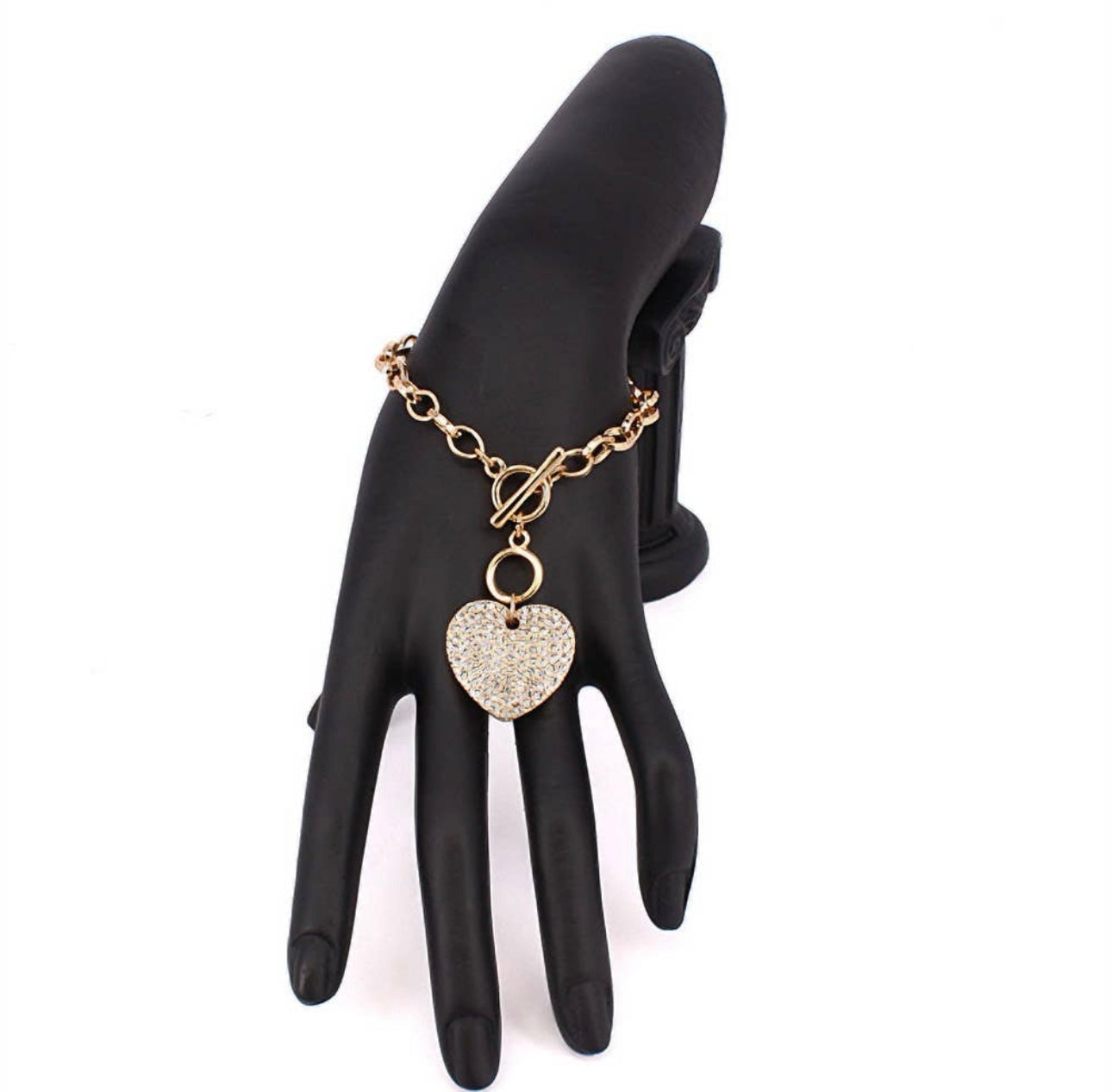 Stone Paved Heart Pendant Metal Toggle Bracelet