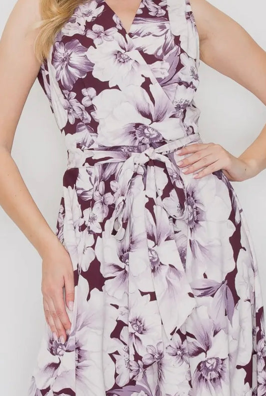 Eggplant Floral Hi-Lo Belted Dress