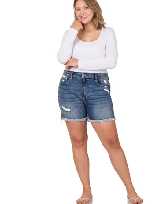 Plus Distressed Cuffed Denim Shorts