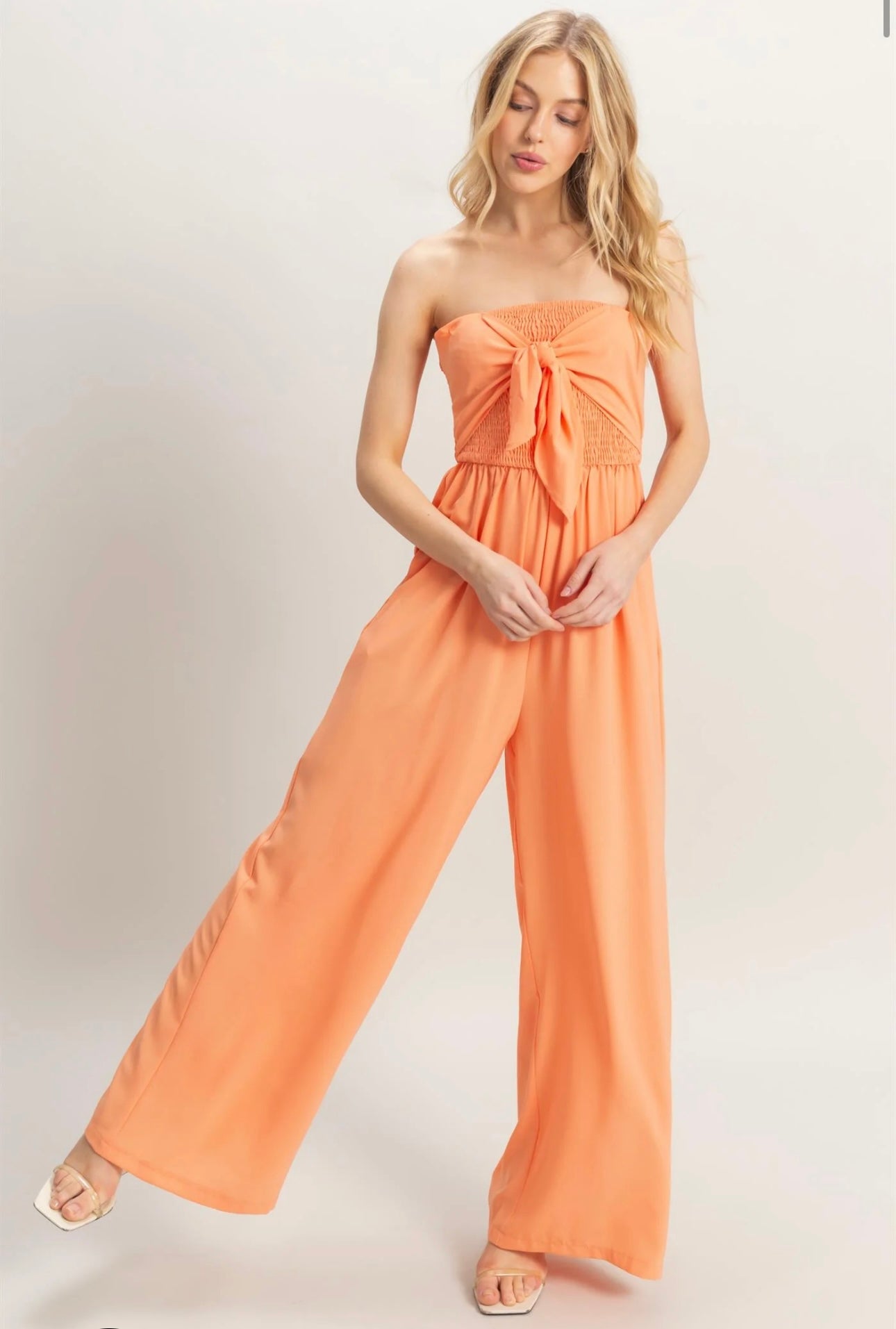 Strapless Tie Front Smocked And Flowy Legs Jumpsuit