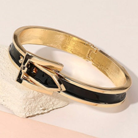 Gold Plated Enamel Belt Hinged Bangle Bracelet