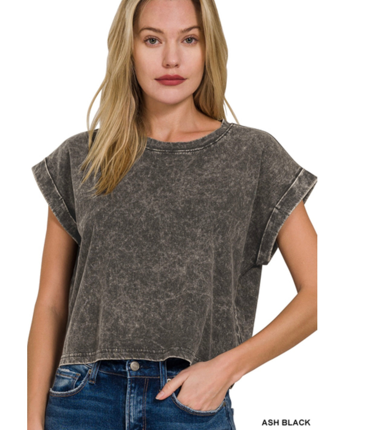 Acid Wash Cuffed Short Sleeve Top