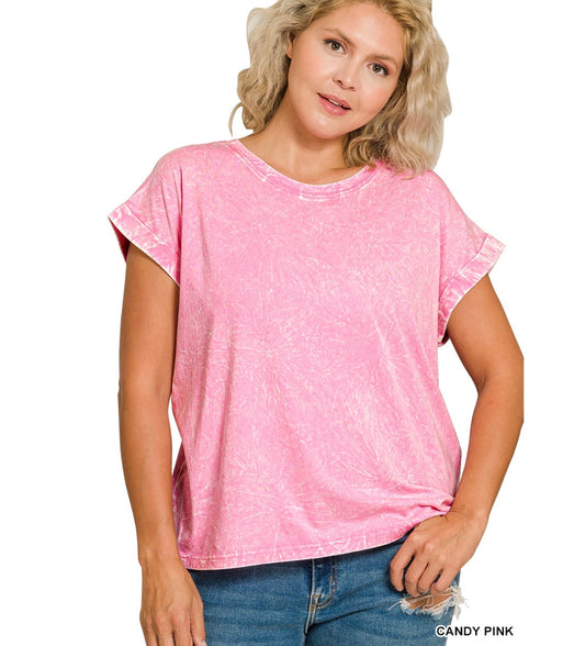 PLUS CRINKLE WASHED ROUND NECK FOLDED SHORT SLEEVE TEE