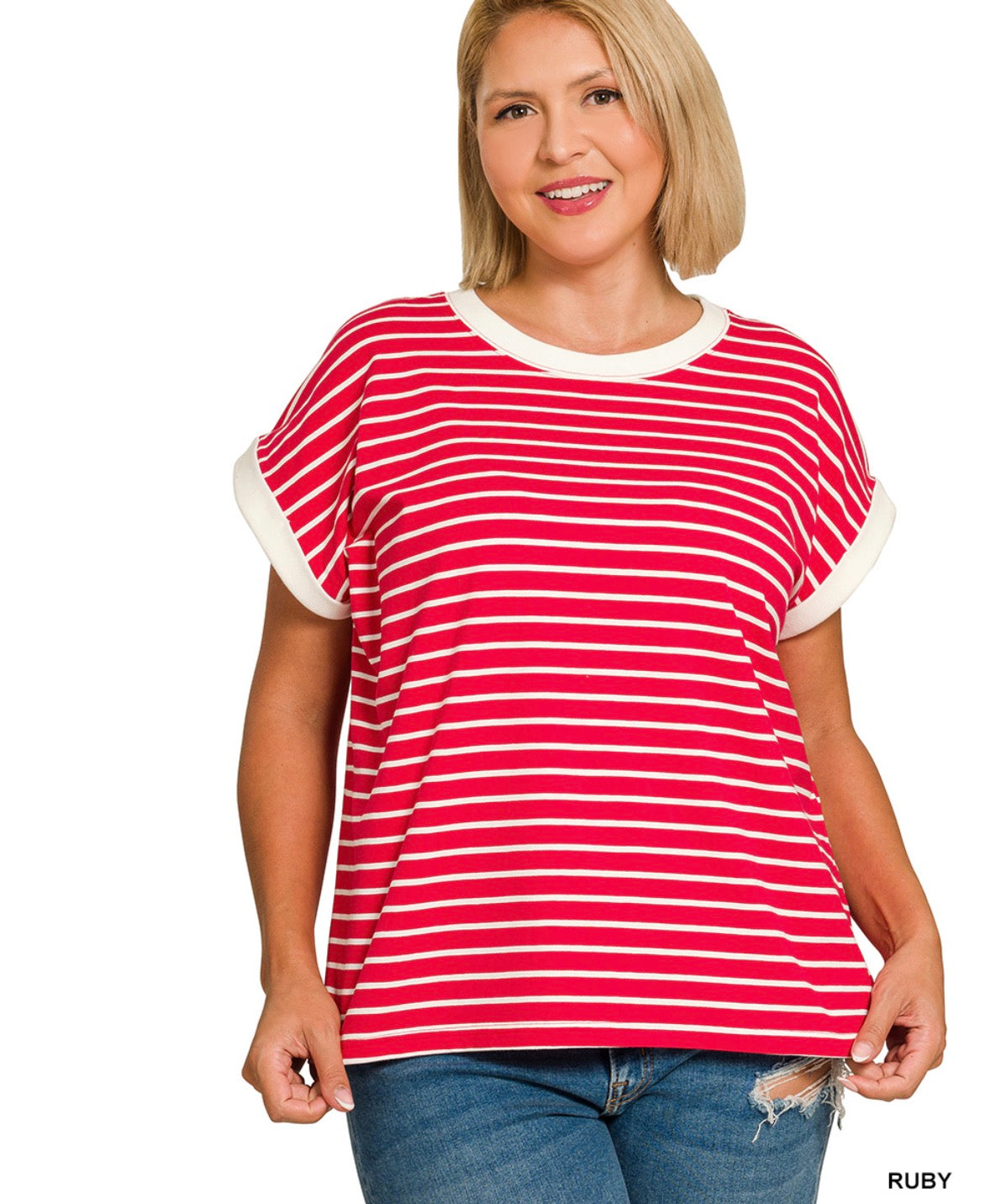 PLUS CONTRAST TRIM CAP SLEEVE STRIPE TEE