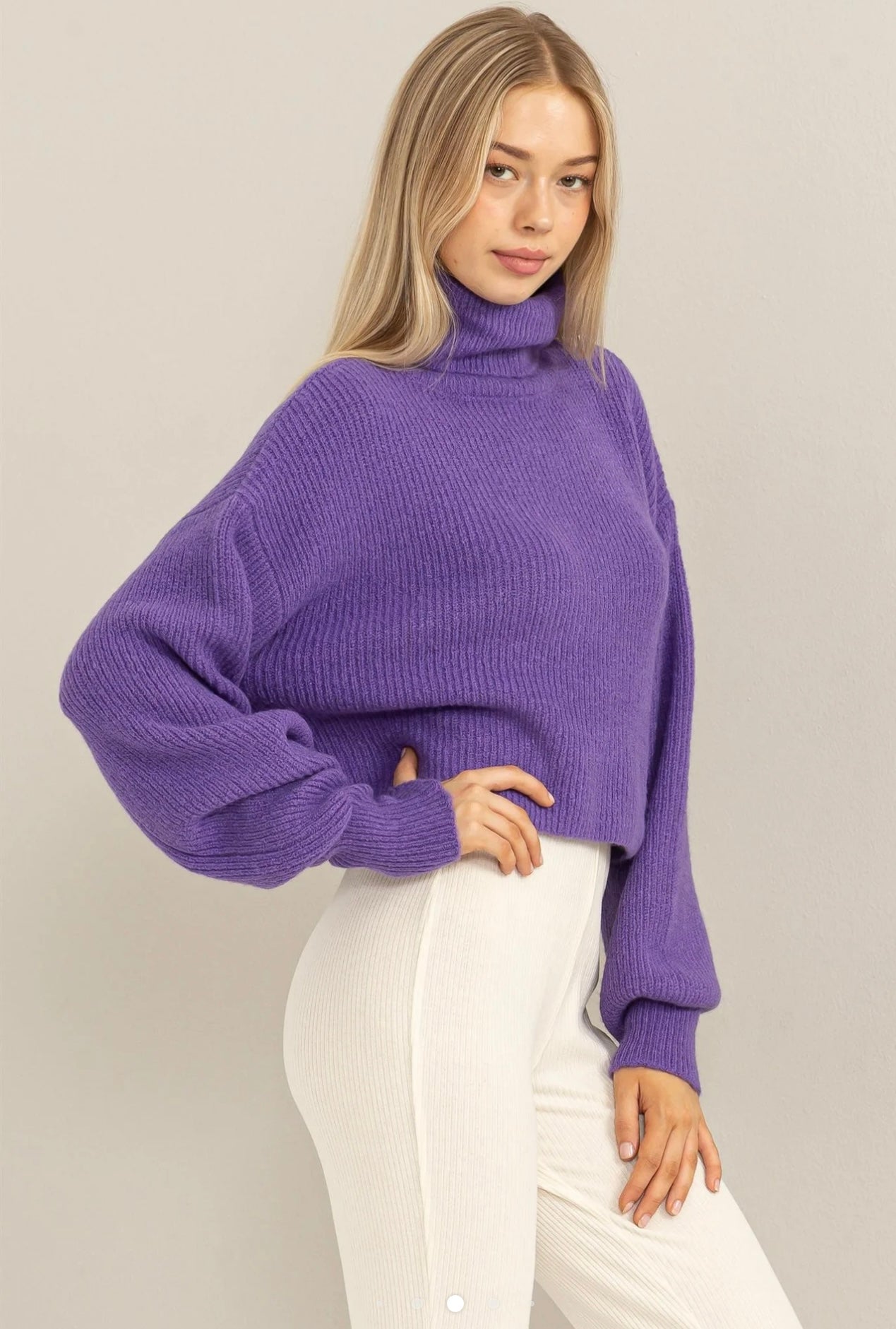 Cropped Balloon Sleeve Turtleneck Sweater