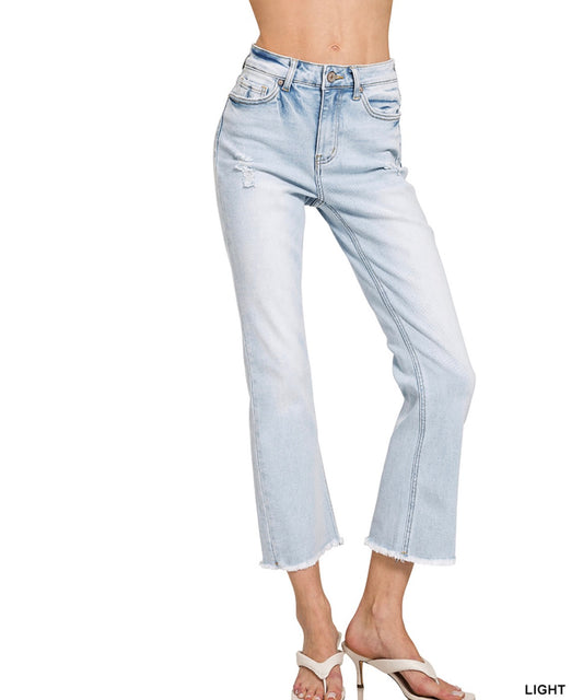 HIGH RISE STRAIGHT RAW HEM CROPPED DENIM JEANS