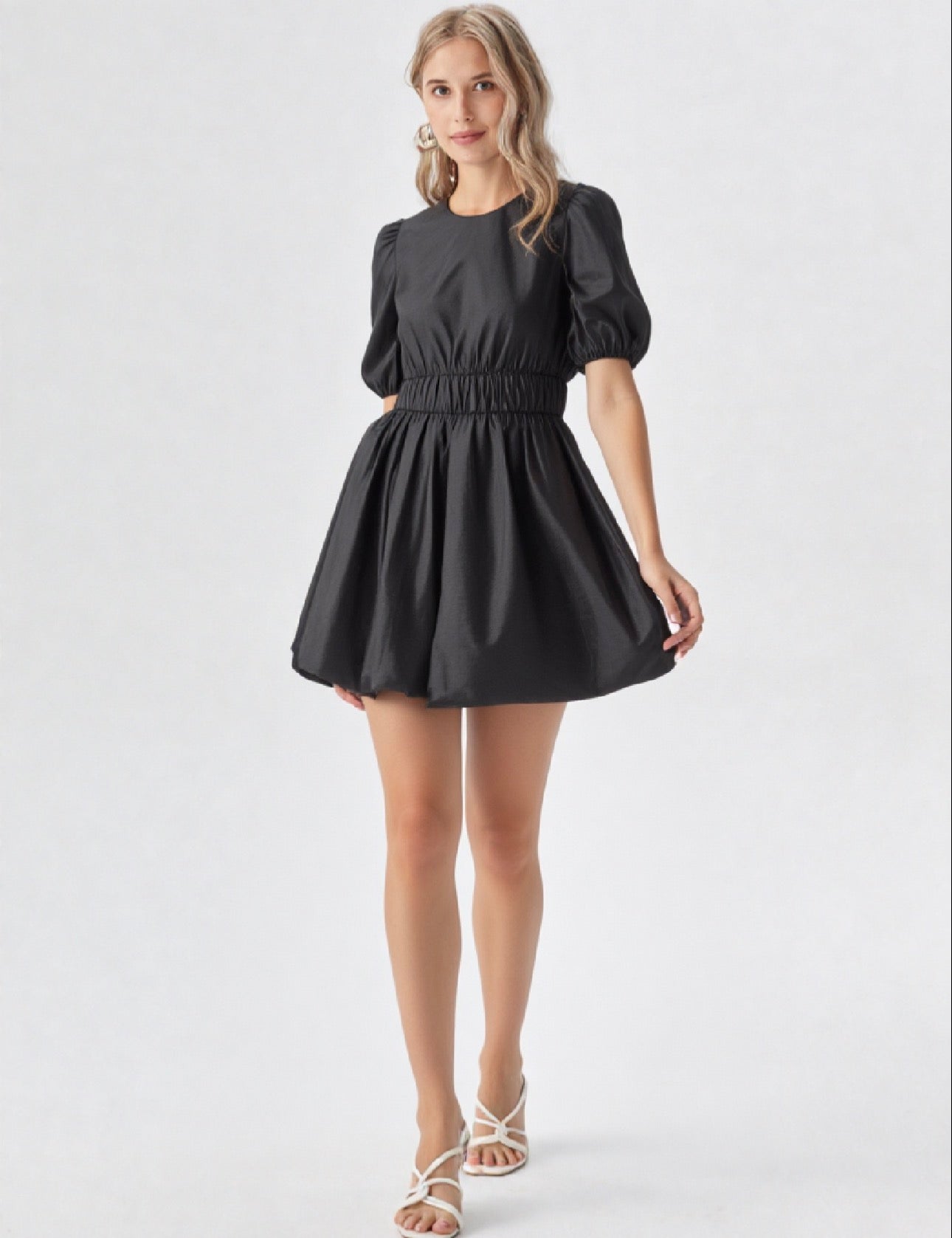 Puff Sleeve Bubble Hem Shiny Mini Dres