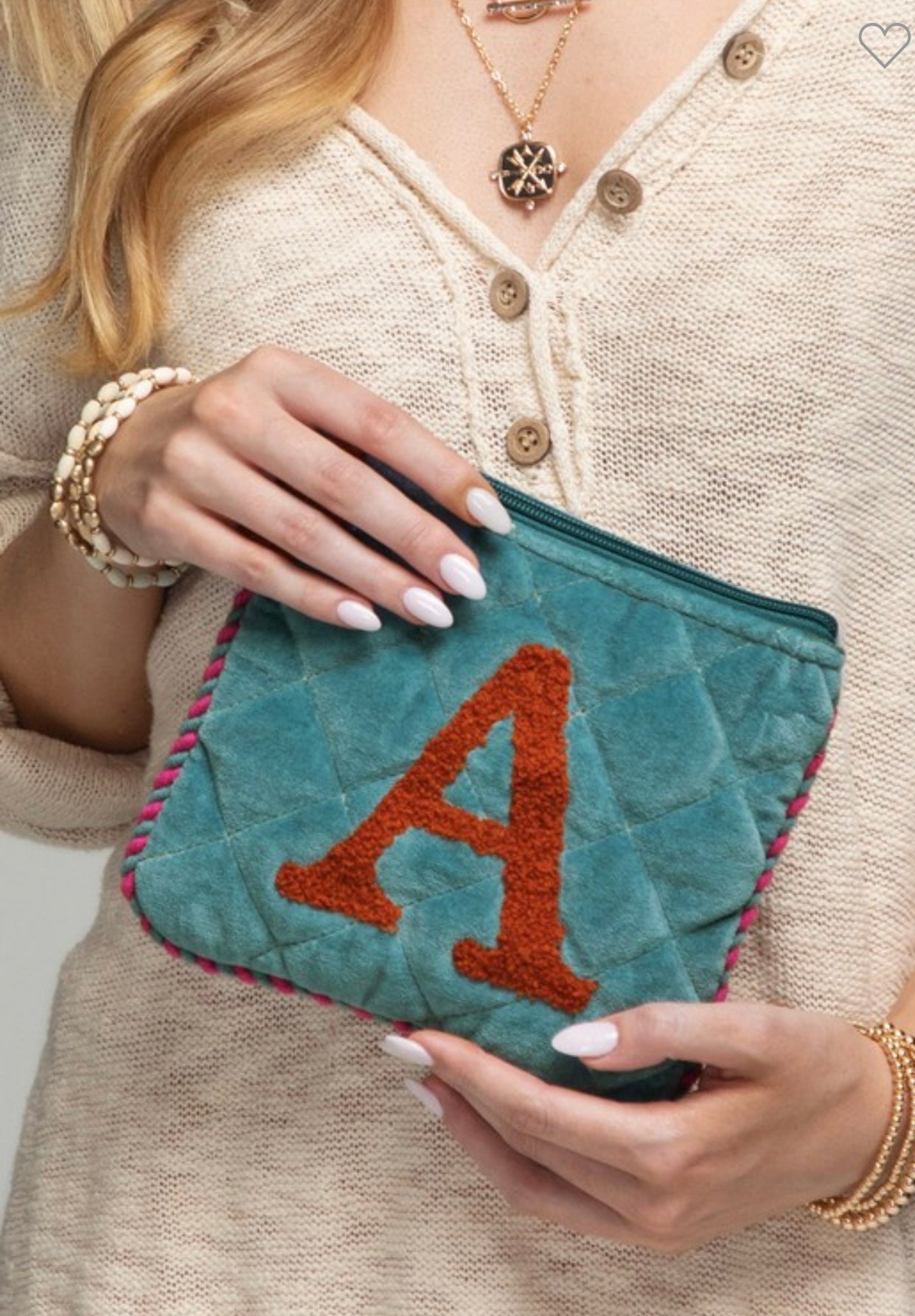 Embroidered Initial Velveteen Bag