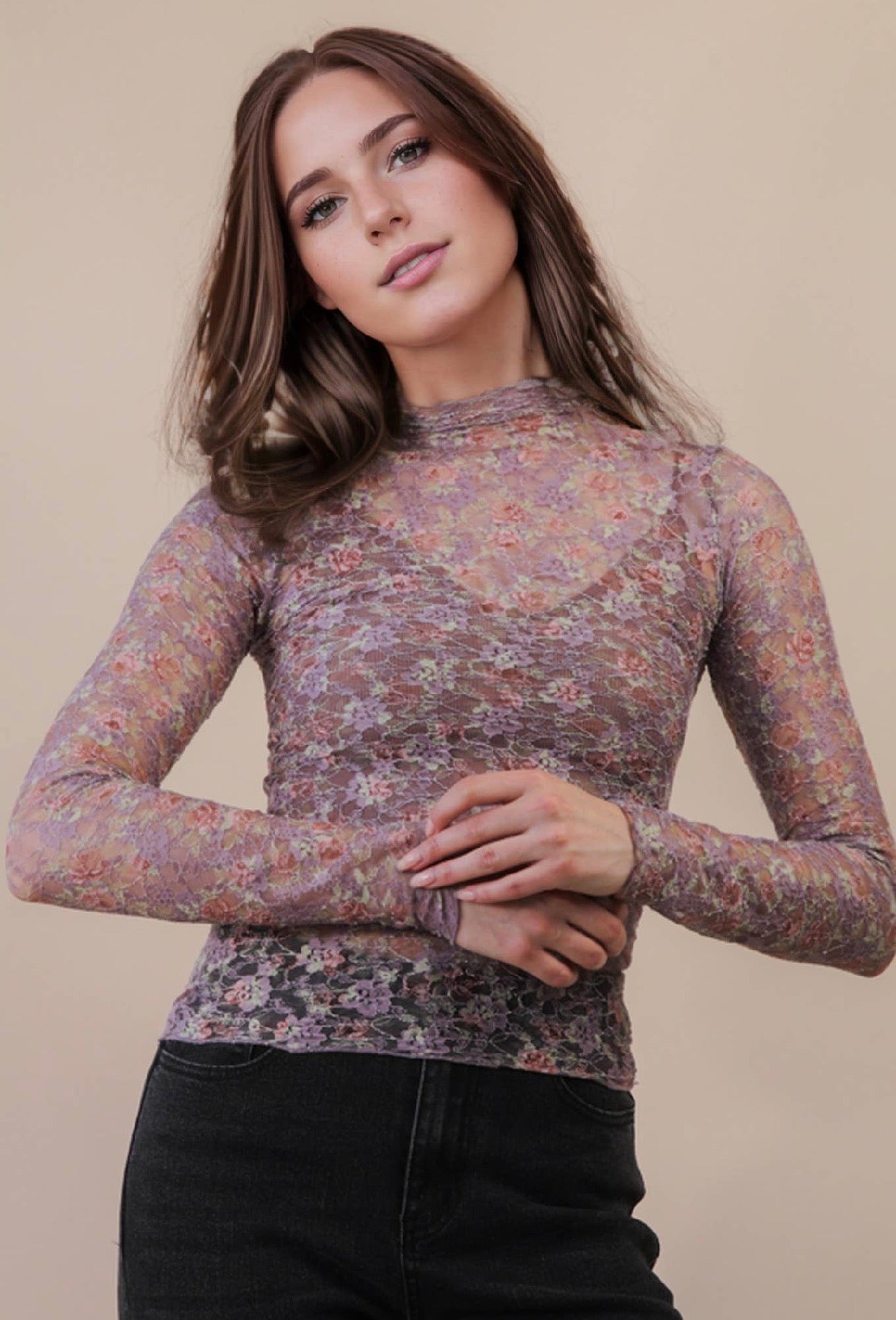 High Neck Fitted Sheer Mesh Lace Knit Top
