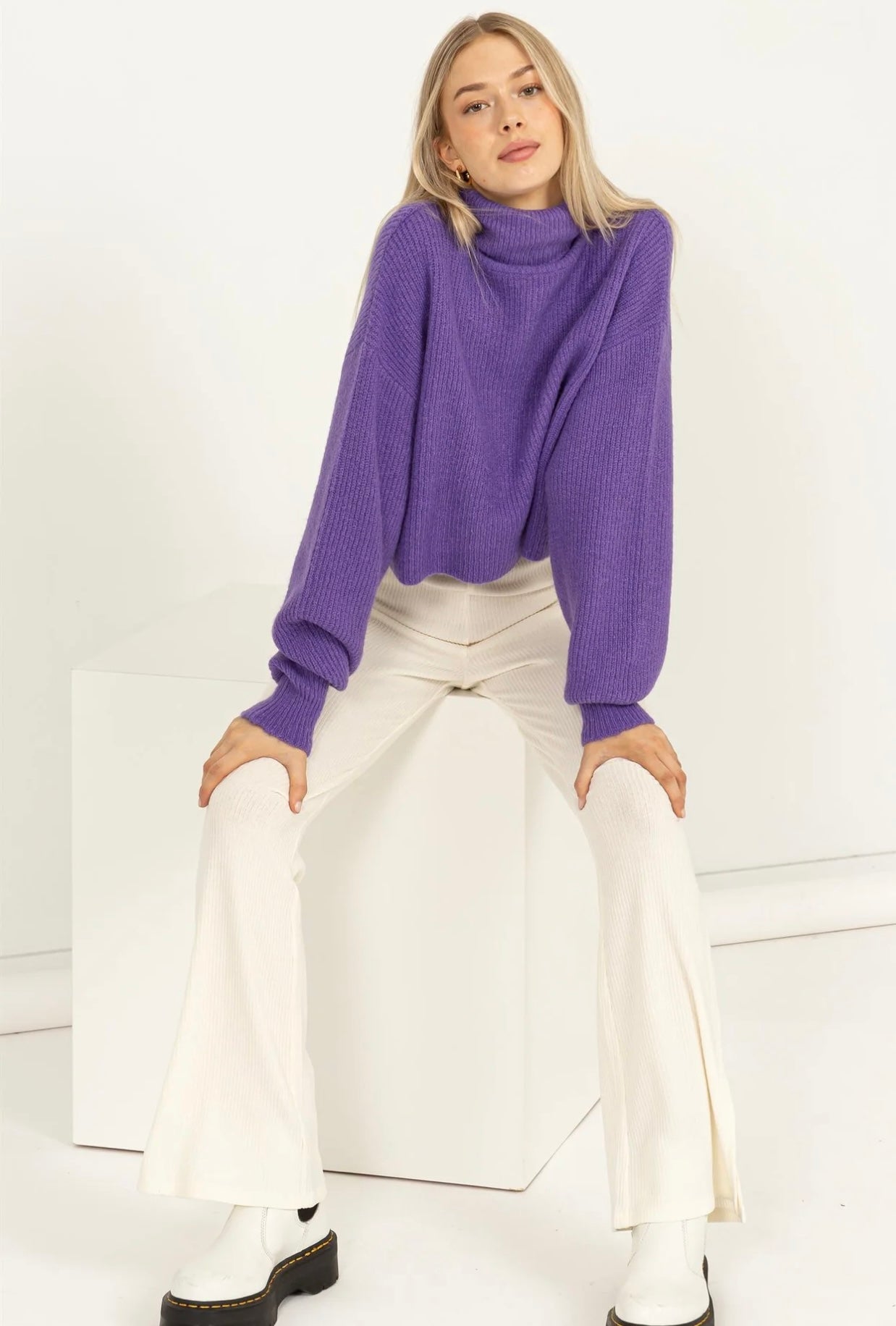 Cropped Balloon Sleeve Turtleneck Sweater