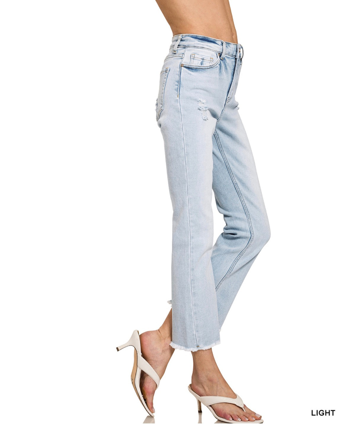 HIGH RISE STRAIGHT RAW HEM CROPPED DENIM JEANS