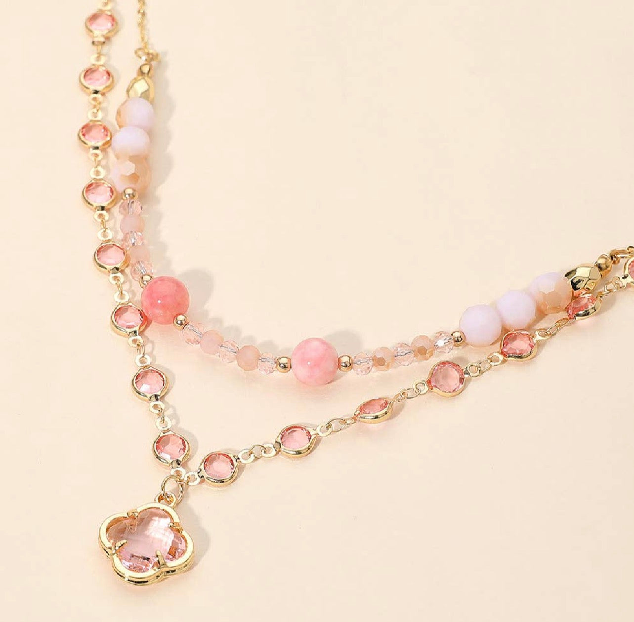 Quatrefoil Pendant Accent Dual Layer Beaded Necklace