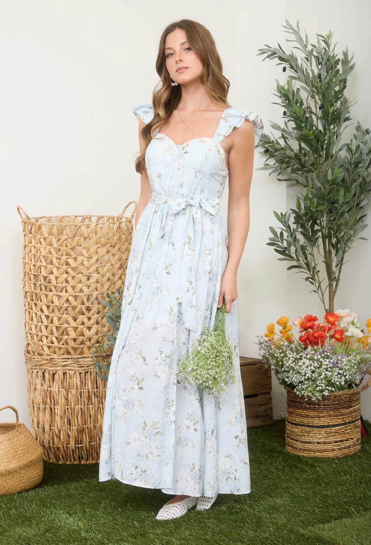 FLORAL WAIST TIE SIDE SLIT CORSET MAXI DRESS