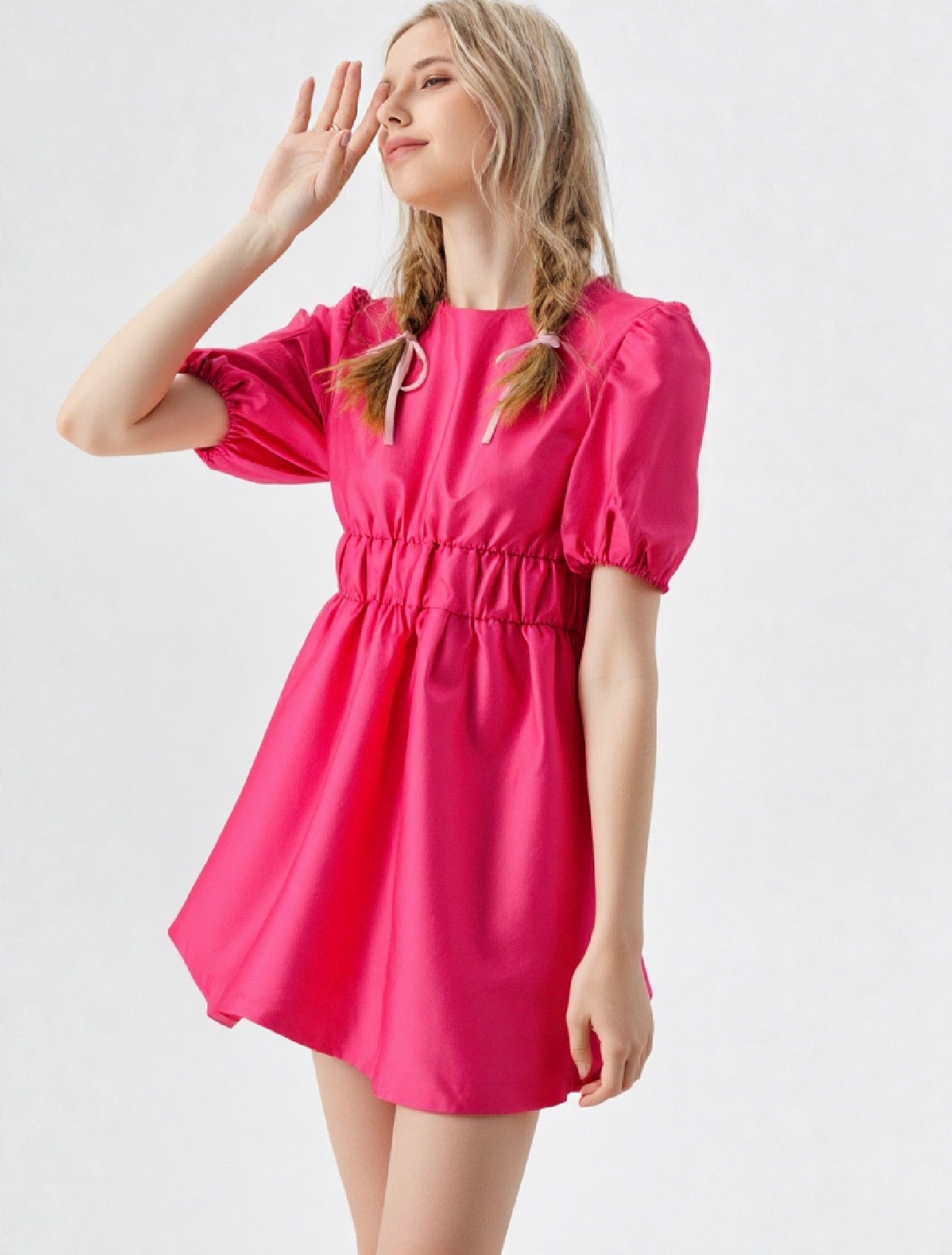 Puff Sleeve Bubble Hem Shiny Mini Dres