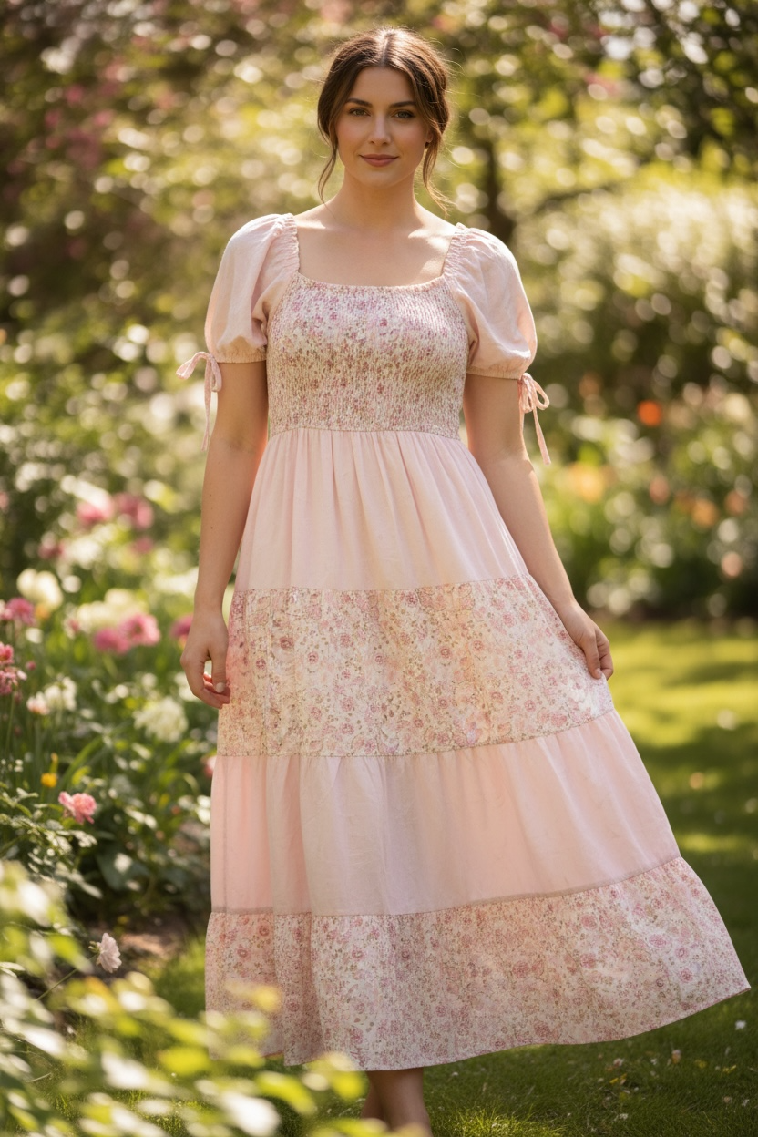 COLORBLOCK FLORAL SMOCKED PUFF SLEEVE MAXI DRESS: LIGHT PINK MULTI