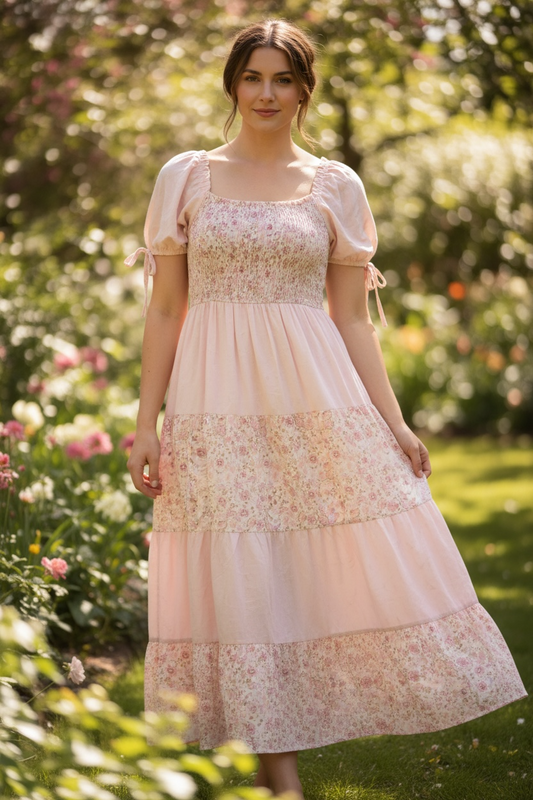 COLORBLOCK FLORAL SMOCKED PUFF SLEEVE MAXI DRESS: LIGHT PINK MULTI