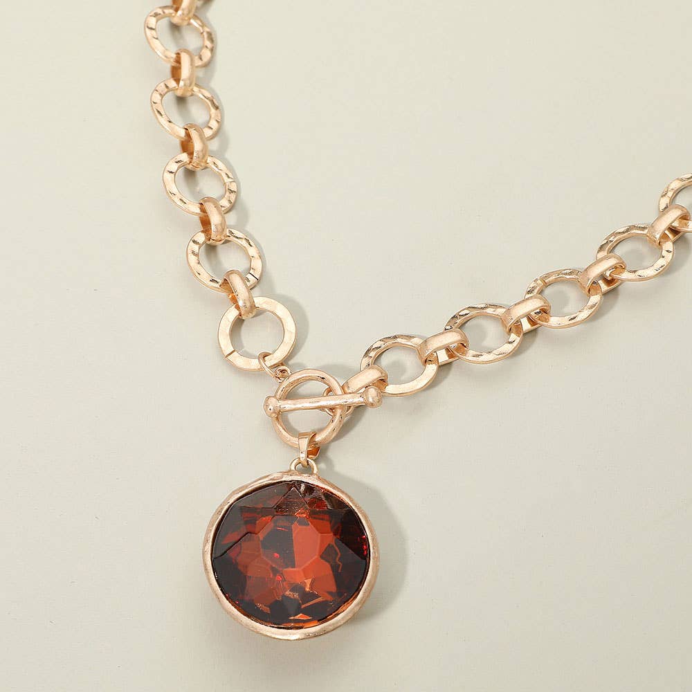 Bold Oval Gemstone Pendant Brushed Metal Chunky Chain Toggle Necklace: Green