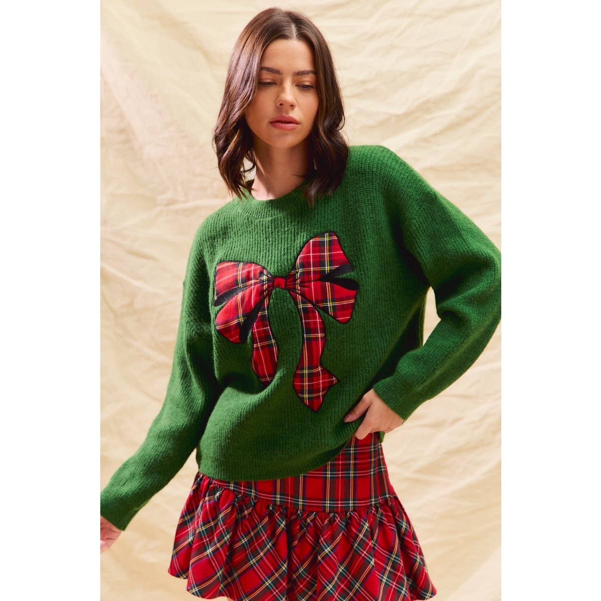 CHECKER PLAID RIBBON CHRISTMAS HOLIDAY SWEATER TOP: GREEN / S