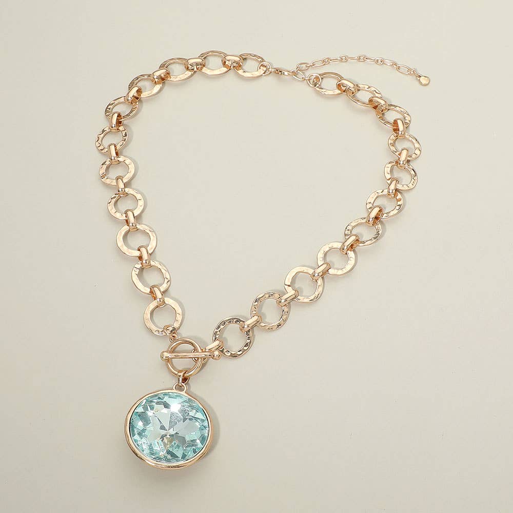 Bold Oval Gemstone Pendant Brushed Metal Chunky Chain Toggle Necklace: Green