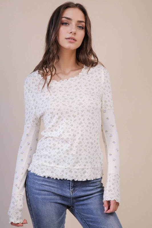 Floral Printed Lettuce Hem Fitted Knit Top