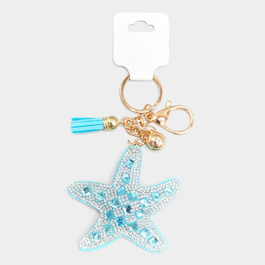 Bling Starfish Tassel Keychain: Blue