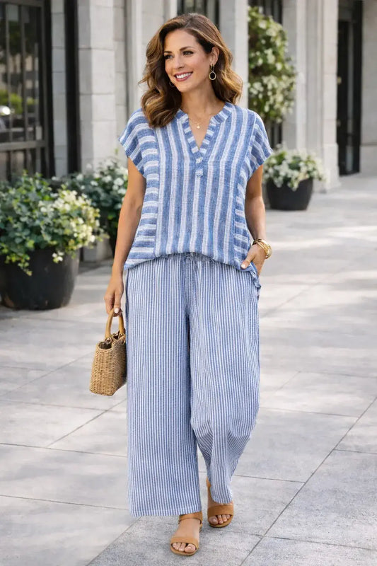 Striped S/S Dolman V-Notch Blouse