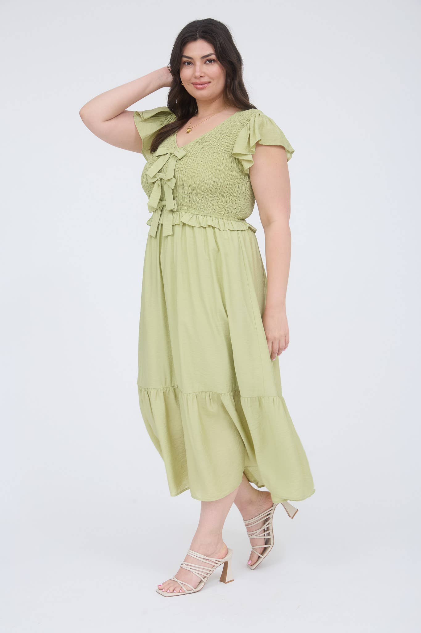 PLUS BOW DETAIL V NECK SMOCKED RUFFLED MIDI DRESS