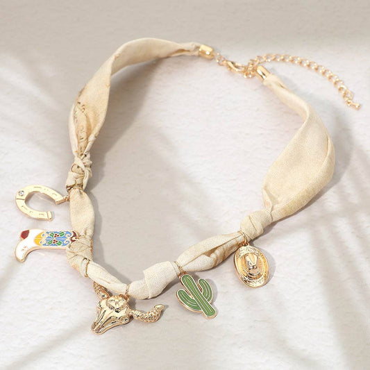 Western Steer Head Cactus Horseshoe Cowboy Hat Boot Charm Station Fabric Scarf Necklace