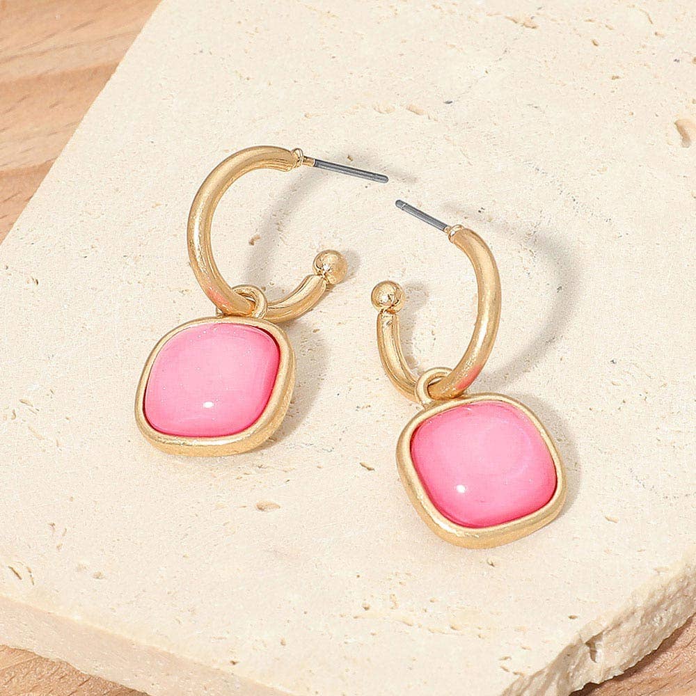 Square Stone Drop Hoop Earrings