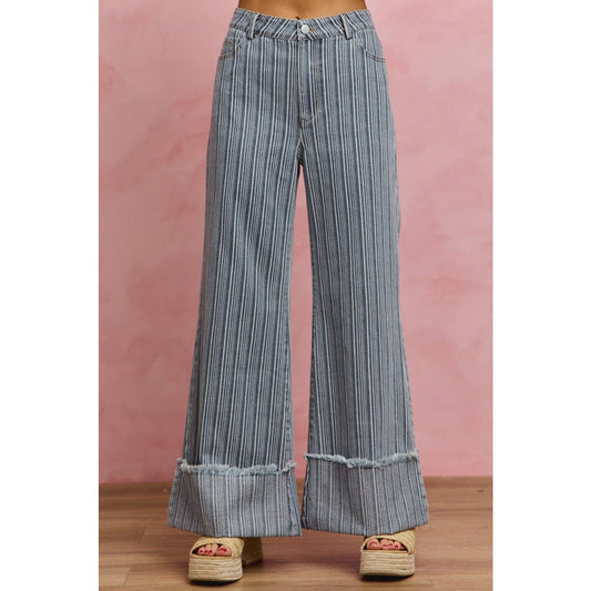 MID RISE STRIPE WIDE LEG JEANS WITH ROLL UP HEM