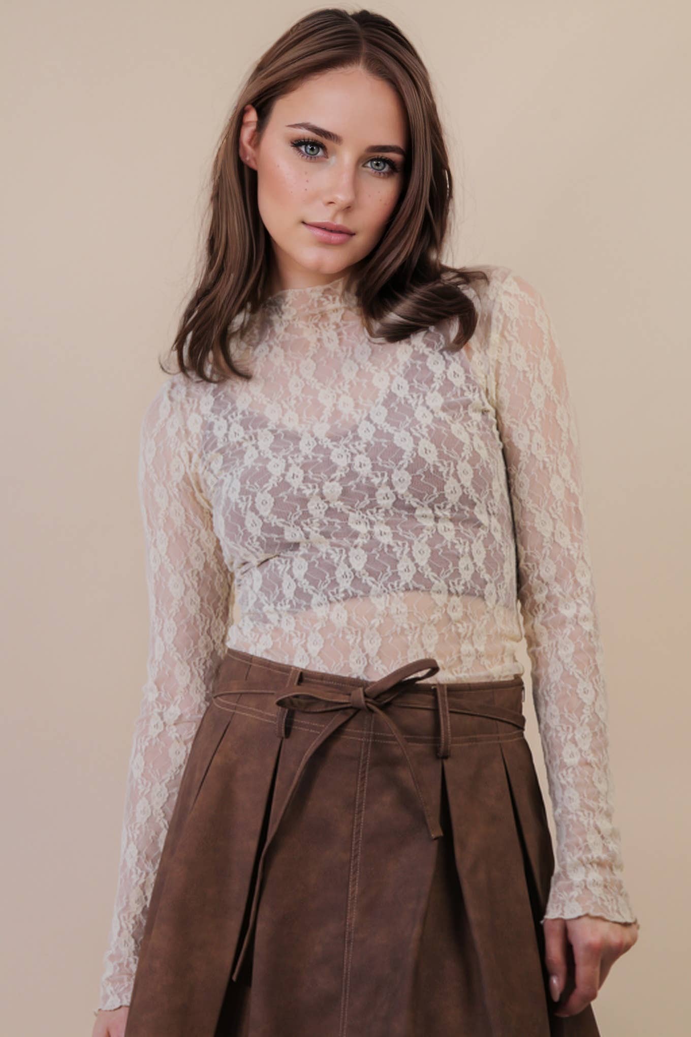 High Neck Fitted Sheer Mesh Lace Knit Top