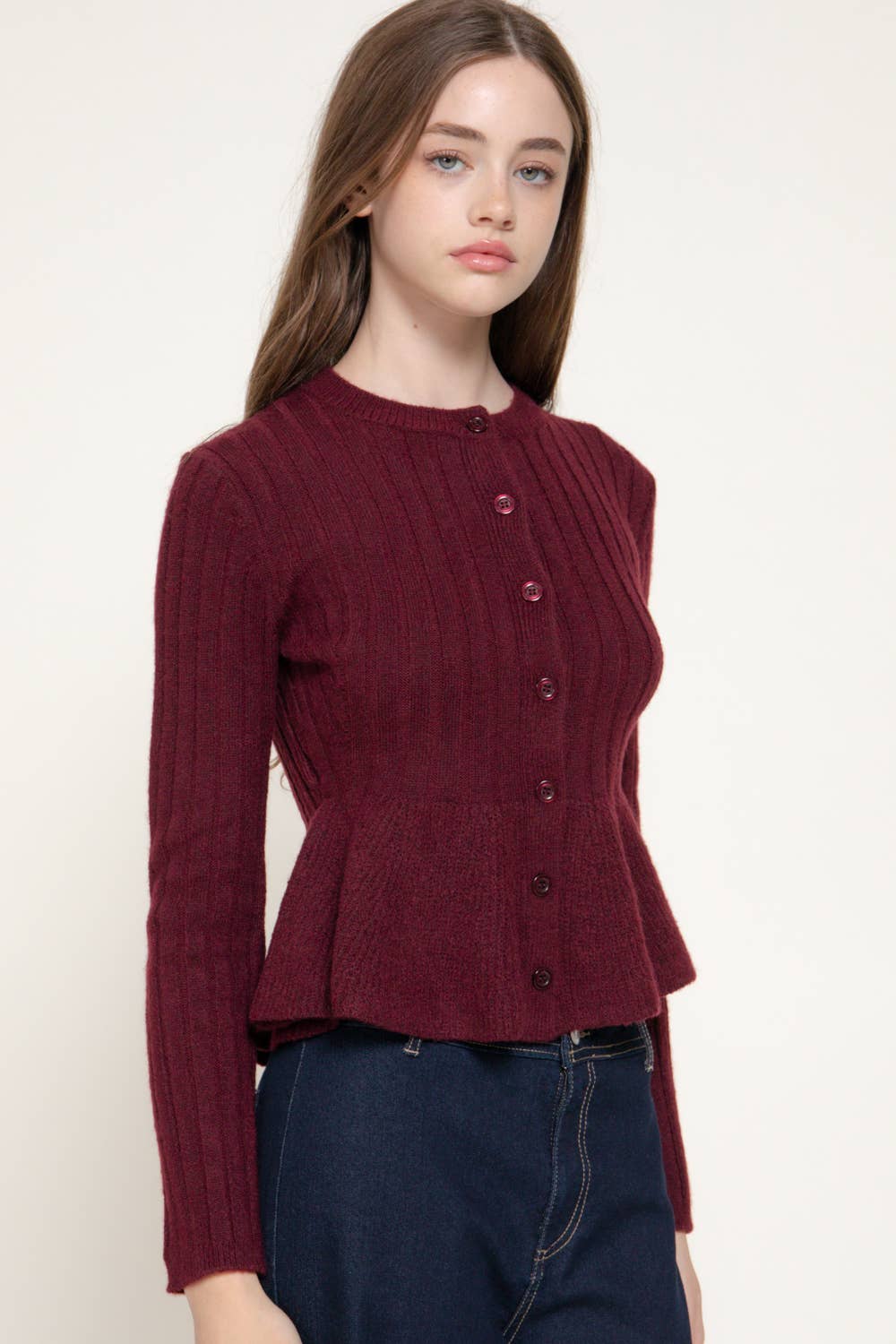 Round Neck Button Down Peplum Sweater Cardigan
