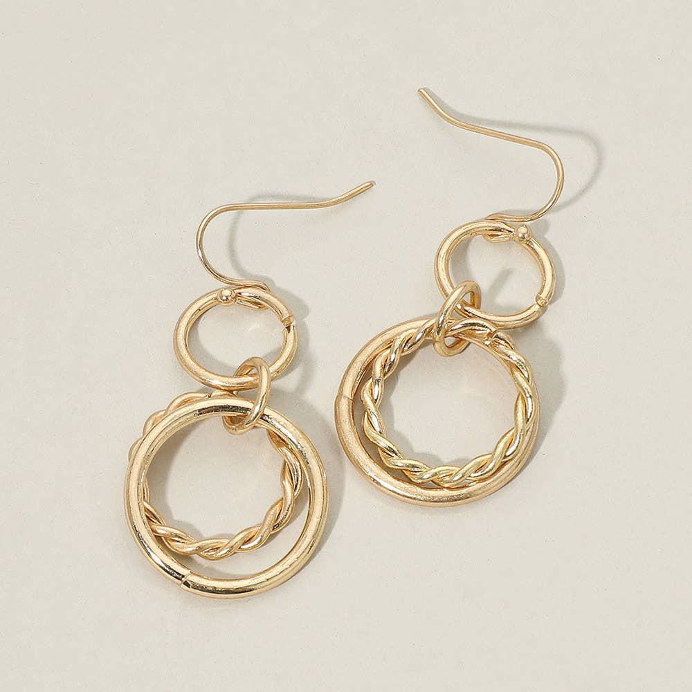 Twisted Metal Double Circle Link Drop Earrings: Worn Gold