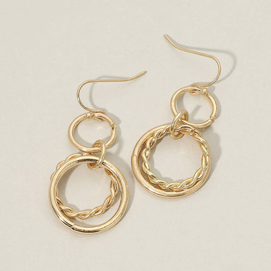 Twisted Metal Double Circle Link Drop Earrings: Worn Gold