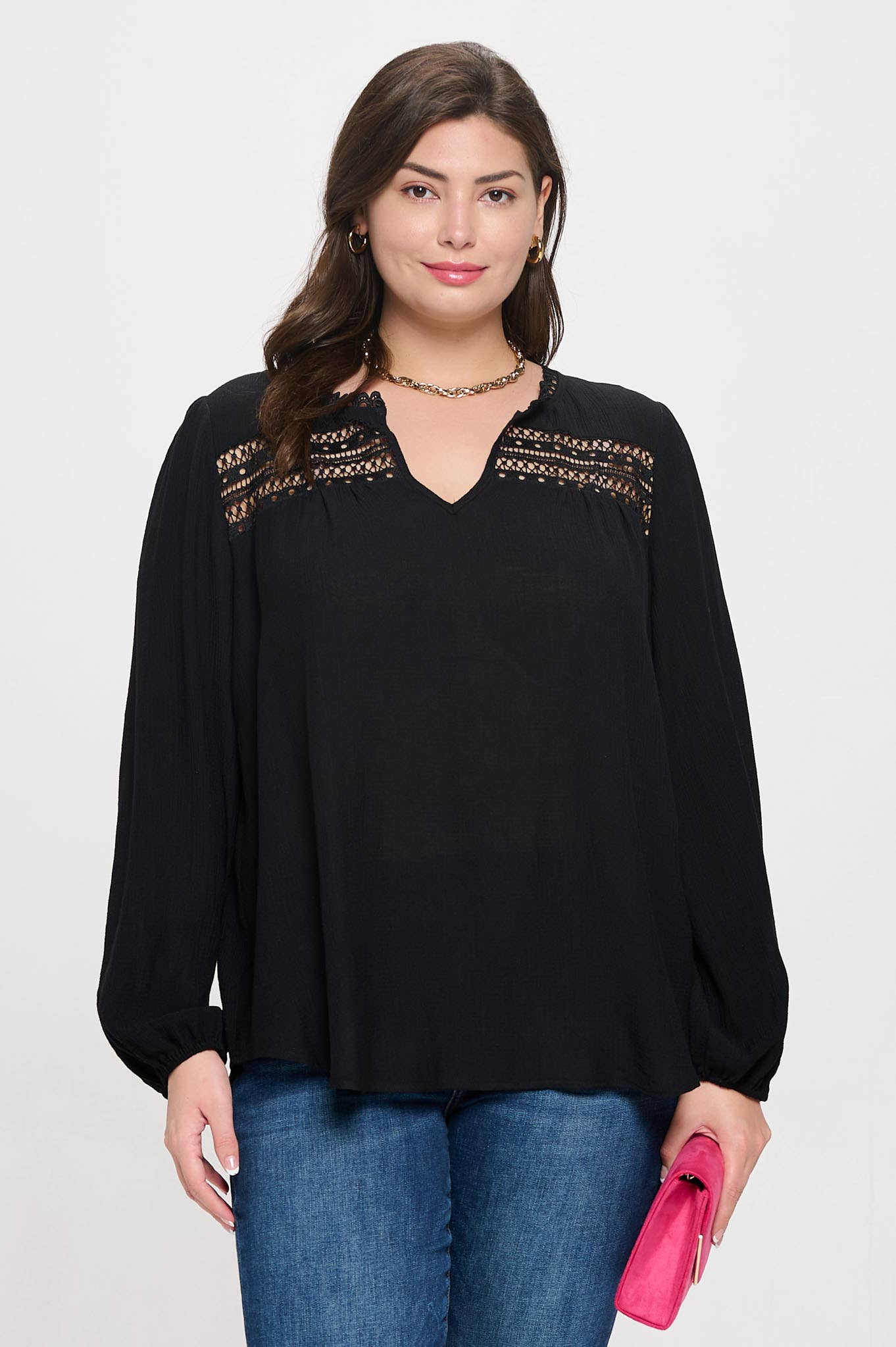 PLUS SPLIT NECK EYELET TRIM LONG SLEEVE KNIT TOP