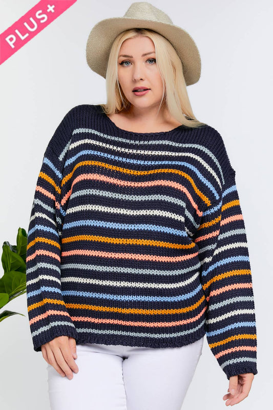 PLUS STRIPE ROUND NECK KNIT SWEATER