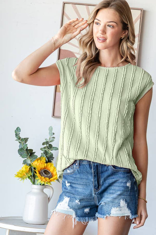 Lightweight Stripe Textured Cap Sleeves Top: Sage