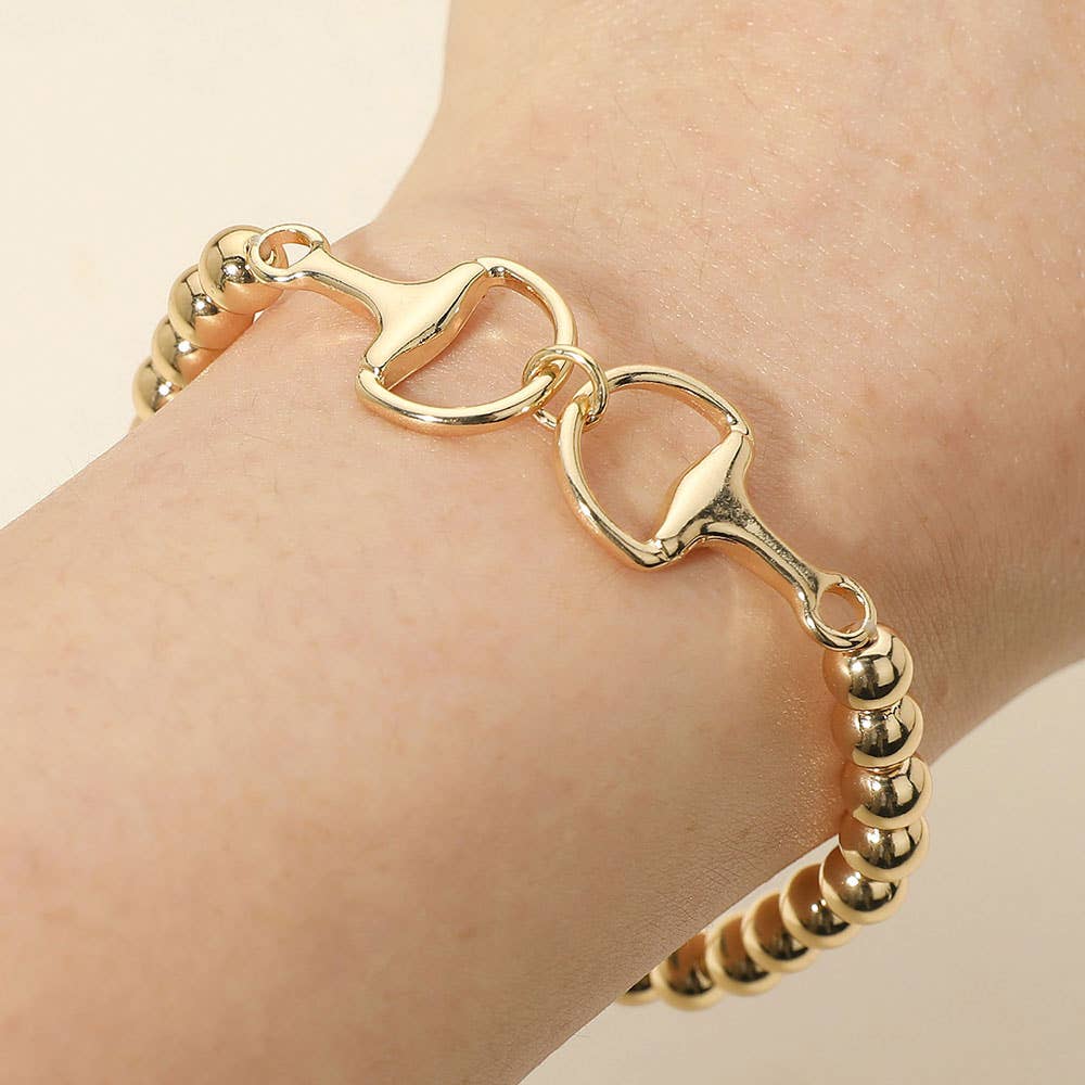 Metal Horsebit Link Accent Ball Beaded Stretch Bracelet: Gold