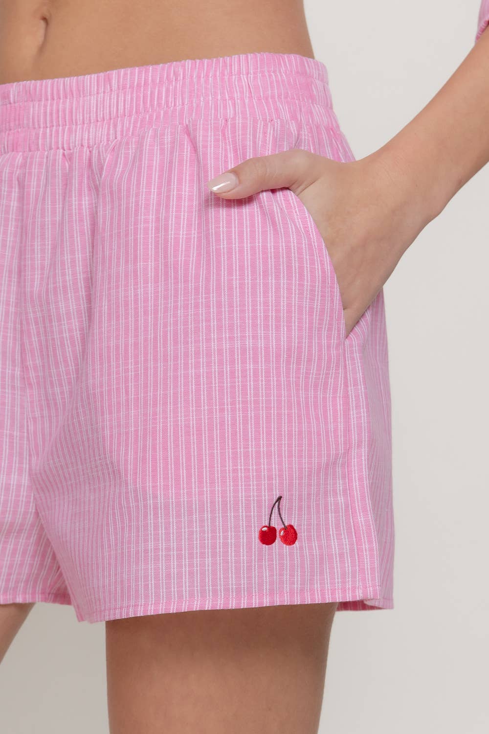 Cherry Embroidery Detail Y/D Stripe Shorts