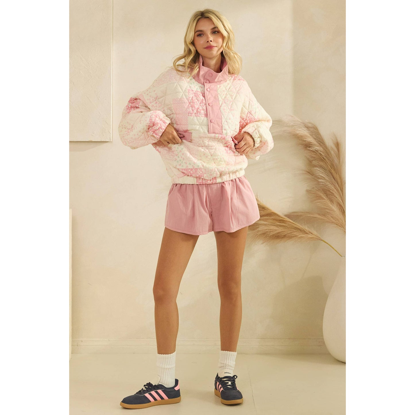 Quilted Contrast printed Quarter Button Sweatshirt