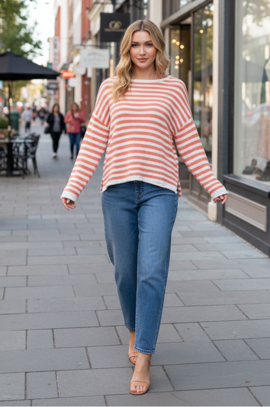 STRIPE ROUND NECK LONG SLEEVE TOP