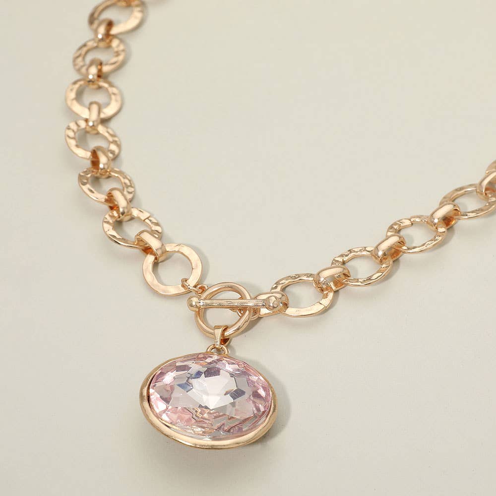 Bold Oval Gemstone Pendant Brushed Metal Chunky Chain Toggle Necklace: Green