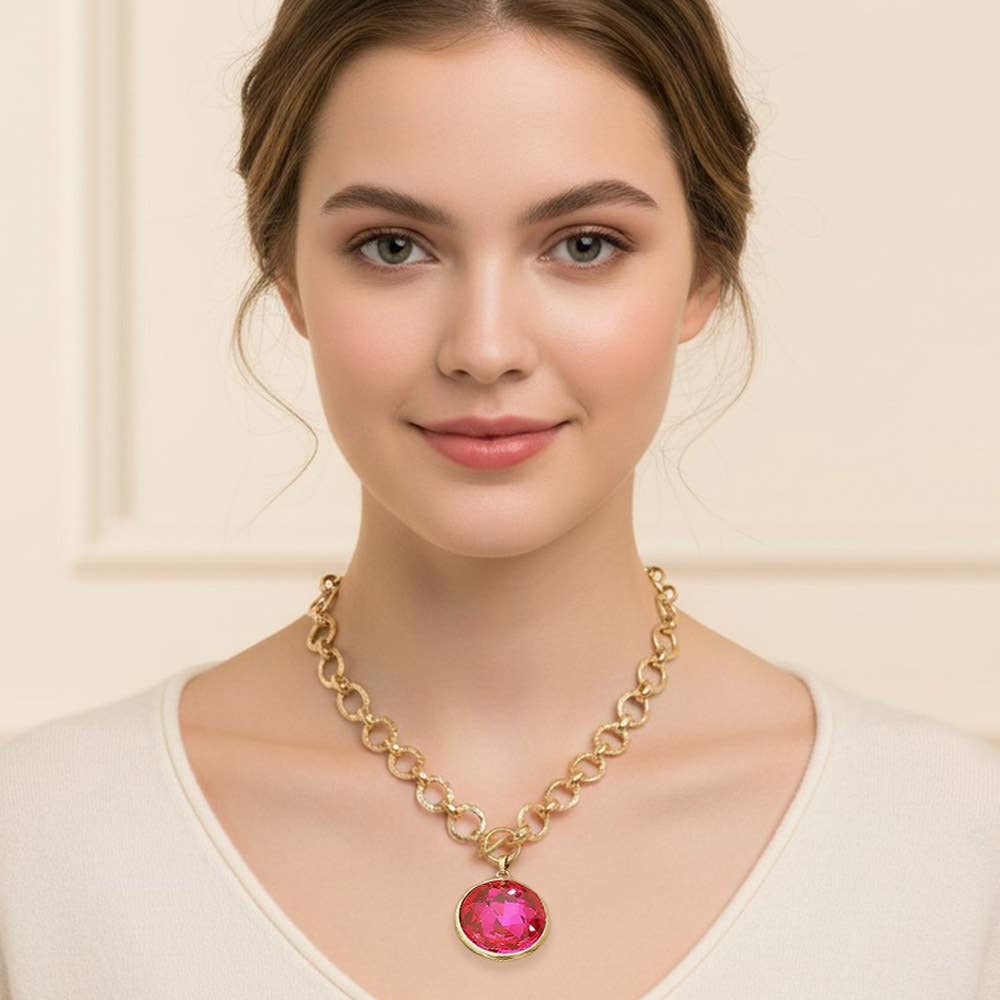Bold Oval Gemstone Pendant Brushed Metal Chunky Chain Toggle Necklace: Green