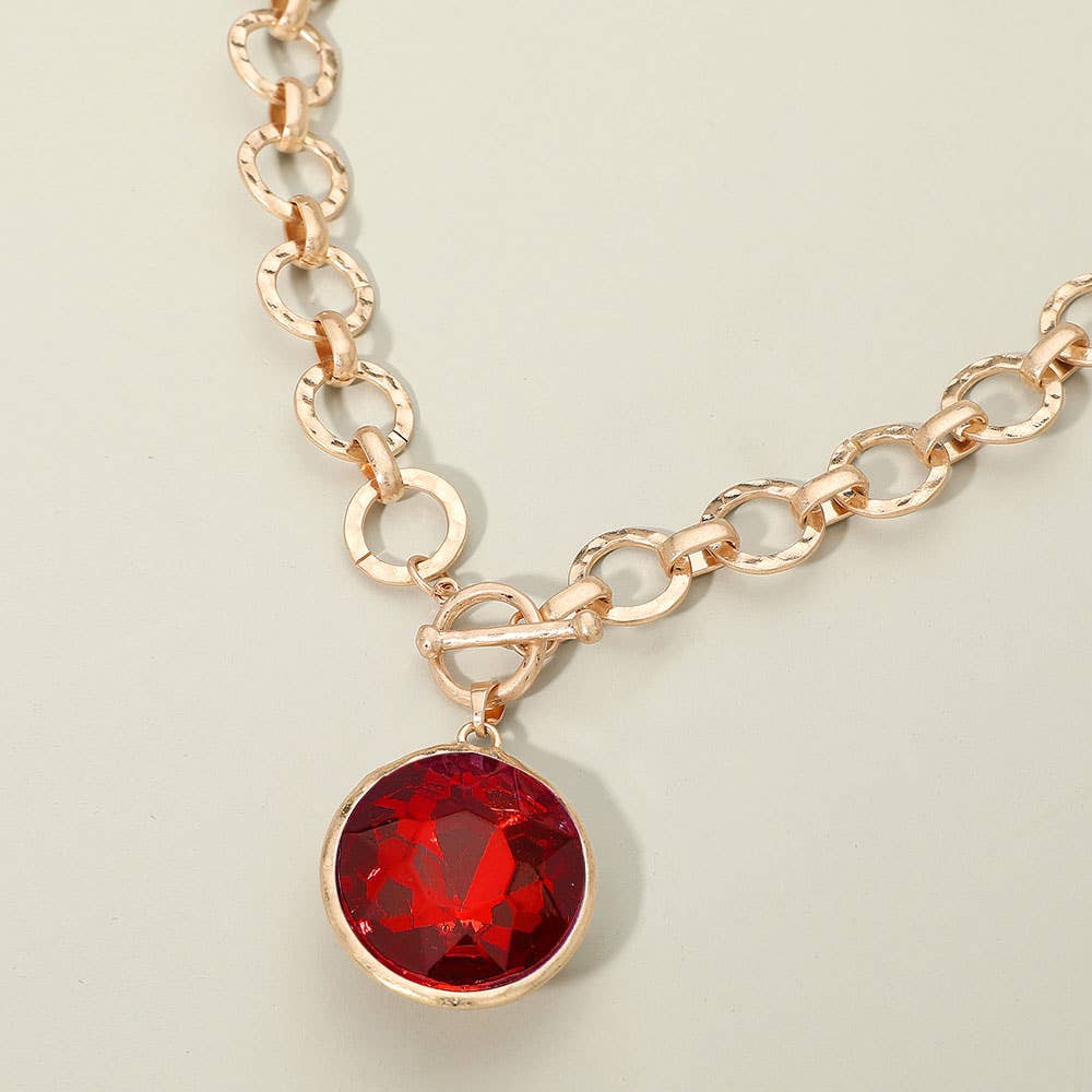 Bold Oval Gemstone Pendant Brushed Metal Chunky Chain Toggle Necklace: Green