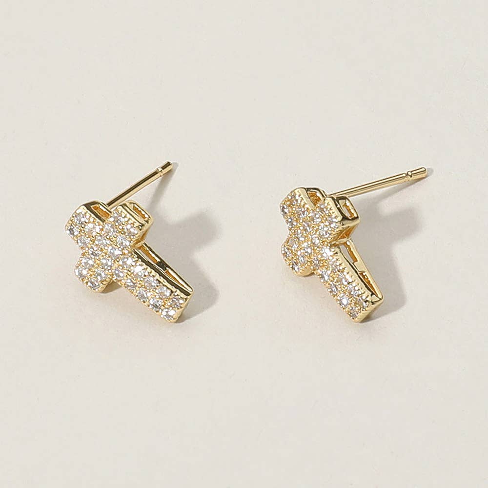 CZ Stone Paved Cross Stud Earrings: Yellow Gold