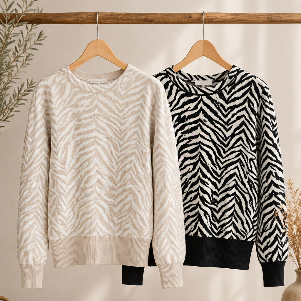 ANIMAL JACQUARD BLOUSON SLEEVE CREWNECK SWEATER: TA/WH / XS