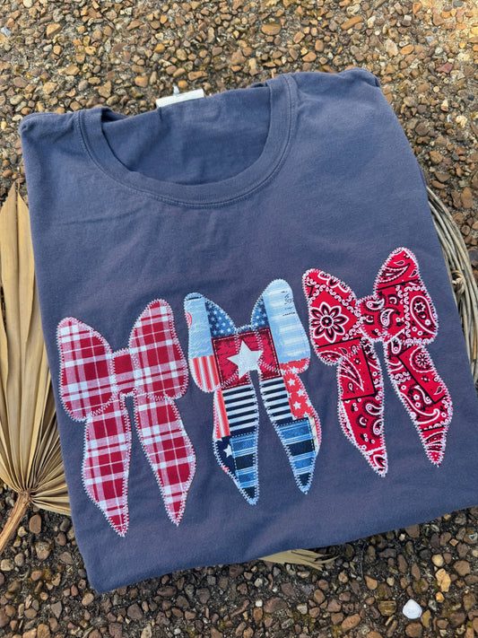 Patriotic Bow Coquette USA Embroidered Patch Tee