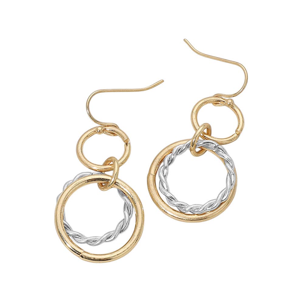 Twisted Metal Double Circle Link Drop Earrings: Worn Gold