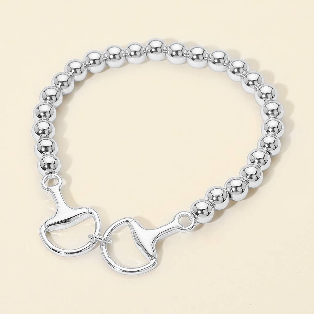 Metal Horsebit Link Accent Ball Beaded Stretch Bracelet: Gold