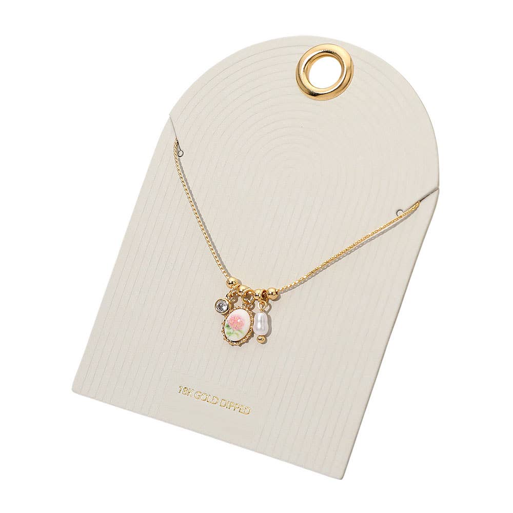 18K Gold Dipped Floral Pearl Stone Bezel Charm Pendant Necklace